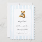 Invitation Elegant Blue Stripes Teddy Bear Baby Shower  (Devant)