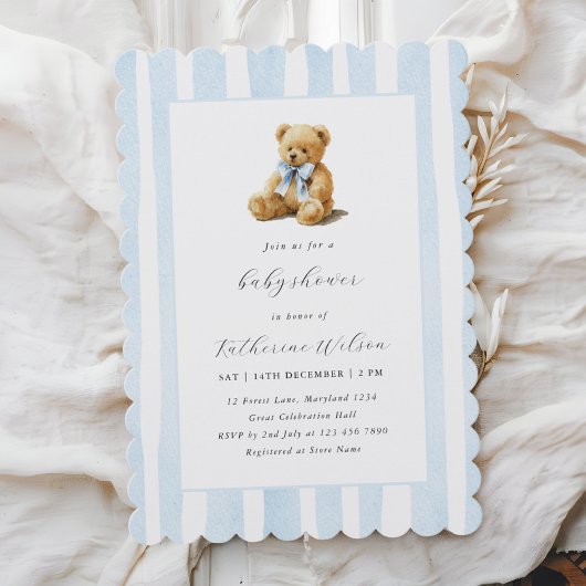 Invitation Elegant Blue Stripes Teddy Bear Baby Shower