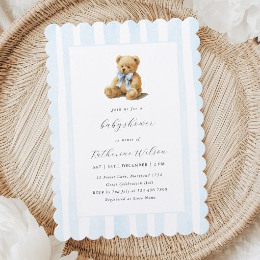 Invitation Elegant Blue Stripes Teddy Bear Baby Shower 
