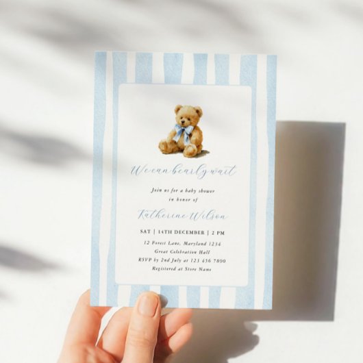 Invitation Elegant Blue Stripes Teddy Bear Baby Shower 