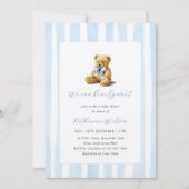 Invitation Elegant Blue Stripes Teddy Bear Baby Shower  (Devant)