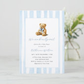Invitation Elegant Blue Stripes Teddy Bear Baby Shower  (Debout devant)