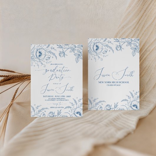 Invitation Elegant Blue Toile Floral Graduation Invite