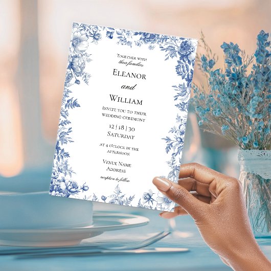 Invitation Elegant Blue Toile Floral Wedding