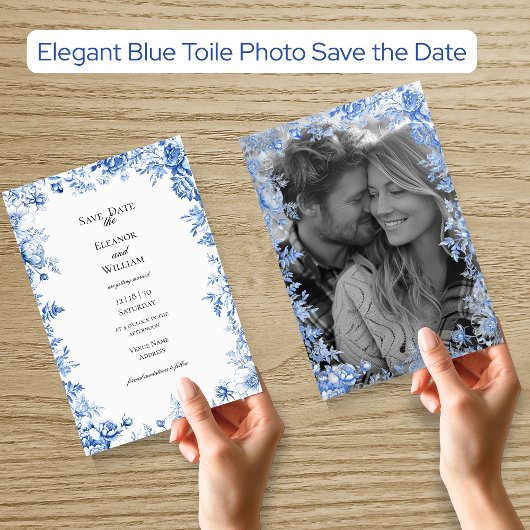 Invitation Elegant Blue Toile Photo Save the Date