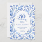 Invitation Elegant Blue Toile Rose Floral 50th Birthday Invit (Devant)