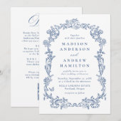 Invitation Elegant Blue Victorian Floral All in One Wedding (Devant / Derrière)