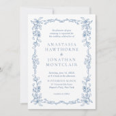 Invitation Elegant Blue Victorian Photo QR Code RSVP Wedding (Devant)