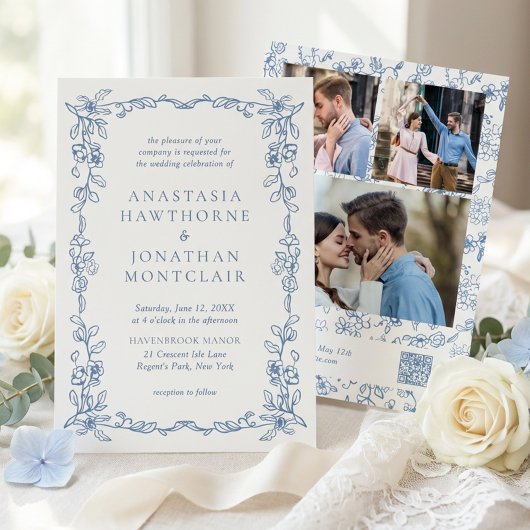 Invitation Elegant Blue Victorian Photo QR Code RSVP Wedding