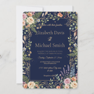 Invitation Elegant Blue Vintage Floral Botanical 