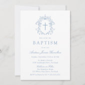 Invitation Elegant Blue Vintage Floral Cross Baptism (Devant)