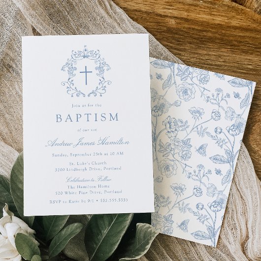 Invitation Elegant Blue Vintage Floral Cross Baptism