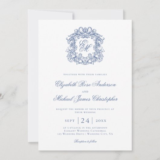 Invitation Elegant Blue Vintage Monogram Crest Wedding (Devant)