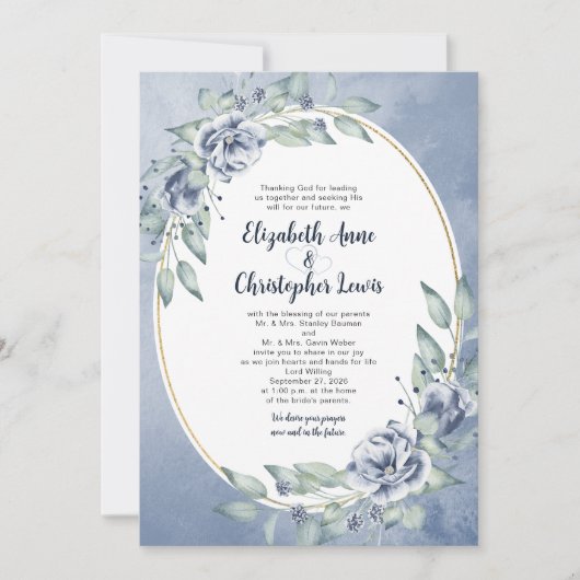 Invitation Elegant Blue Watercolor Floral Oval Frame Wedding (Devant)