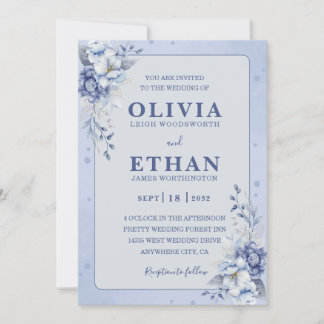 Invitation Elegant Blue Watercolor Floral Traditional Wedding
