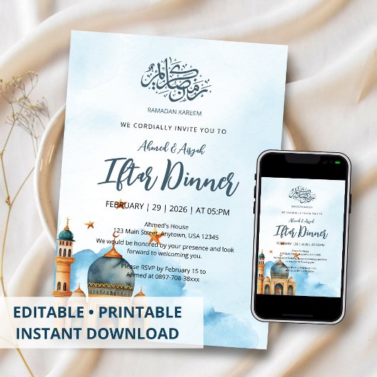 Invitation Elegant Blue Watercolor Mosque Ramadan Iftar