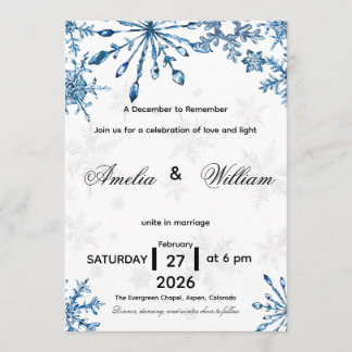 Invitation Elegant Blue Watercolor Snowflake Wedding Invite
