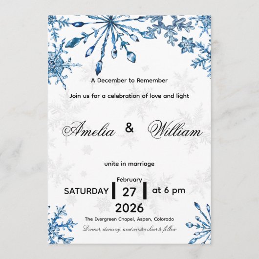 Invitation Elegant Blue Watercolor Snowflake Wedding Invite (Devant)