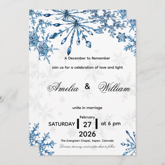 Invitation Elegant Blue Watercolor Snowflake Wedding Invite (Devant / Derrière)