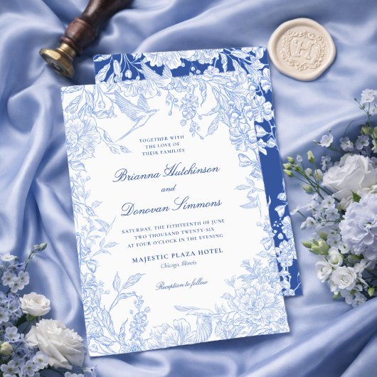 Invitation Elegant Blue & White Botanical Bird Wedding