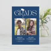 Invitation Elegant Blue & White Joint Graduation Party Photo (Debout devant)