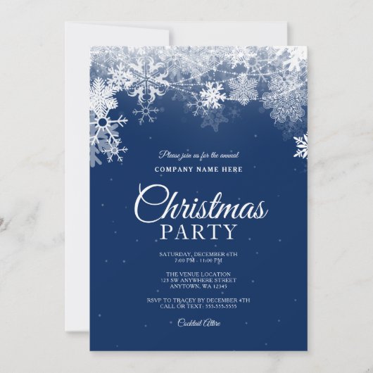 Invitation Elégant Blue White Snowflake Entreprise Noël (Devant)