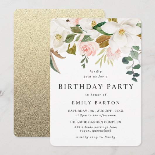 Invitation Élégant Blush Blanc Floral toute l'année fête d'an (Devant / Derrière)