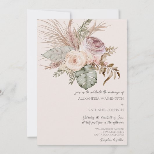 Invitation Élégant Blush Bohemian Bouquet Mariage (Devant)