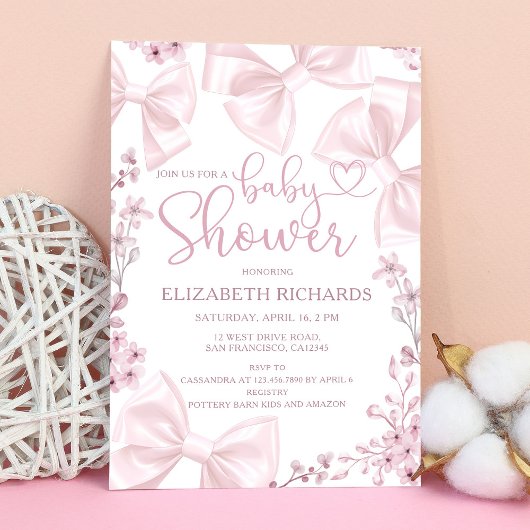 Invitation Elégant Blush Bow thème Baby shower fille