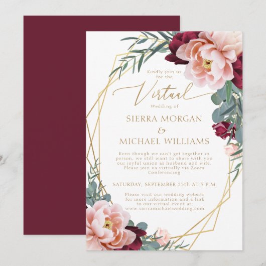 Invitation Elégant Blush Burgundy Gold Mariage virtuel (Devant / Derrière)