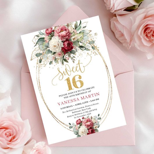 Invitation Elegant Blush Burgundy Greenery Sweet 16 Birthday 