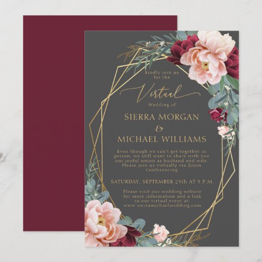 Invitation Elégant Blush Burgundy Grey Mariage virtuel Gold (Devant / Derrière)