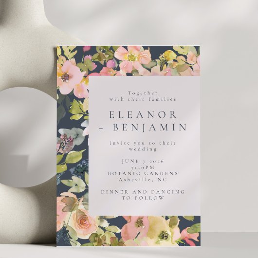 Invitation Elégant Blush et Mariage floral de couleur marine