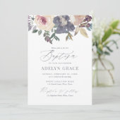 Invitation Élégant Blush et Marine Floral Girl Baptism (Debout devant)