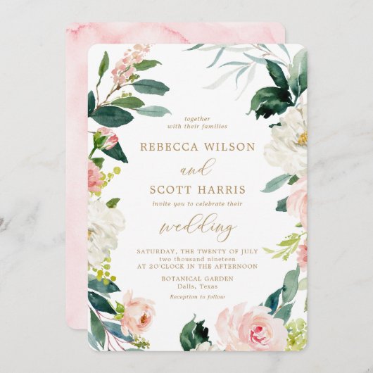 Invitation Elégant Blush et or Aquarelle Mariage floral (Devant / Derrière)