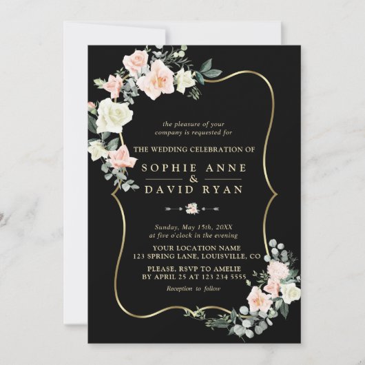 Invitation Elégant Blush Fleurs blanches or Black Mariage (Devant)