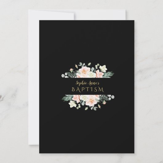 Invitation Élégant Blush Fleurs blanches Or Noir Baptême (Dos)