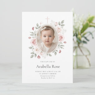 Invitation Élégant blush floral aquarelle photo croix