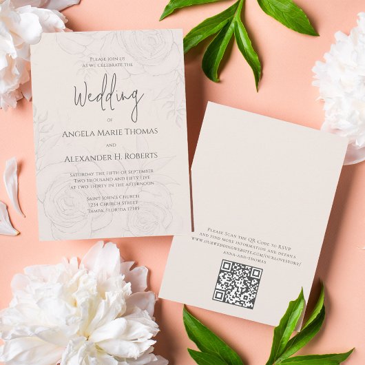 Invitation Élégant Blush Floral Calligraphie Script QR Code
