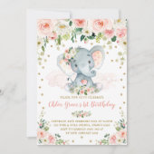 Invitation Elégant Blush Floral Elephant Girl 1er anniversair (Devant)