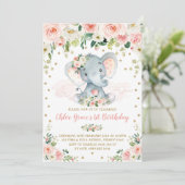 Invitation Elégant Blush Floral Elephant Girl 1er anniversair (Debout devant)