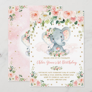 Invitation Elégant Blush Floral Elephant Girl 1er anniversair