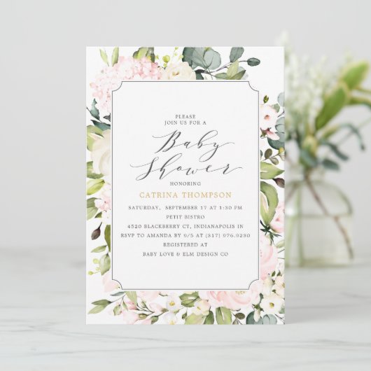 Invitation Élégant Blush Floral et Baby shower Eucalyptus (Debout devant)