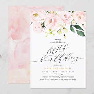 Invitation Elégant Blush Floral et Eucalyptus 80e anniversair