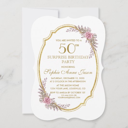 Invitation Elégant Blush Floral Gold 50e Surprix Anniversaire (Devant)