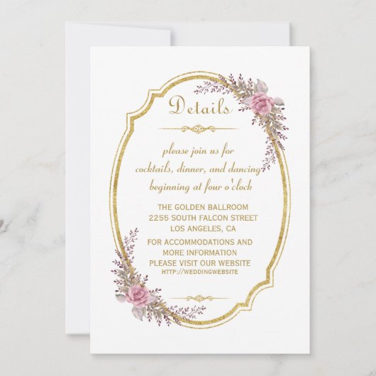 Invitation Elégant Blush Floral Gold Frame Détails du Mariage (Devant)
