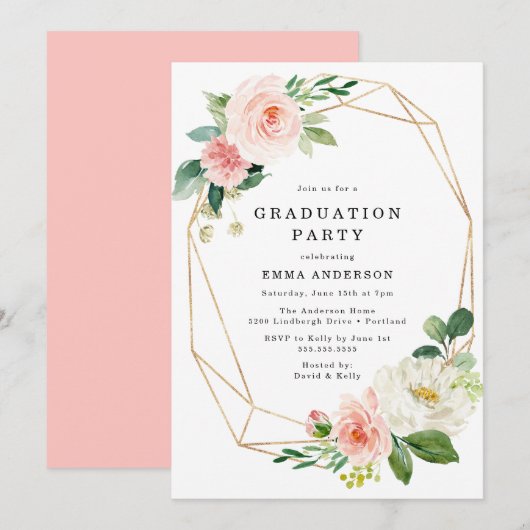 Invitation Élégant Blush Floral Gold Frame Party (Devant / Derrière)
