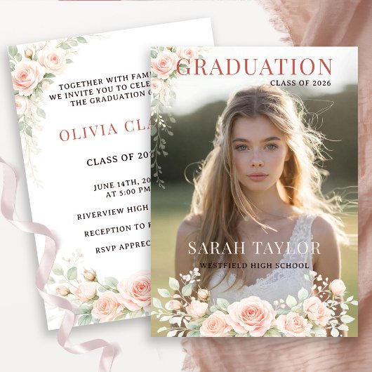 Invitation Elegant Blush Floral Graduation Photo