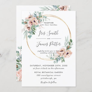 Invitation Elégant Blush Floral Greenery Gold Frame Mariage
