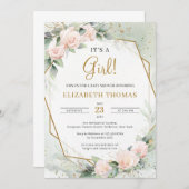 Invitation Elégant Blush Floral Greenery Or C'est une fille (Devant / Derrière)